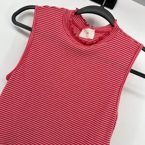 T.LA Anthropologie Red Striped Sleeveless Top Mock Neck Ruffle Trim Womens Small